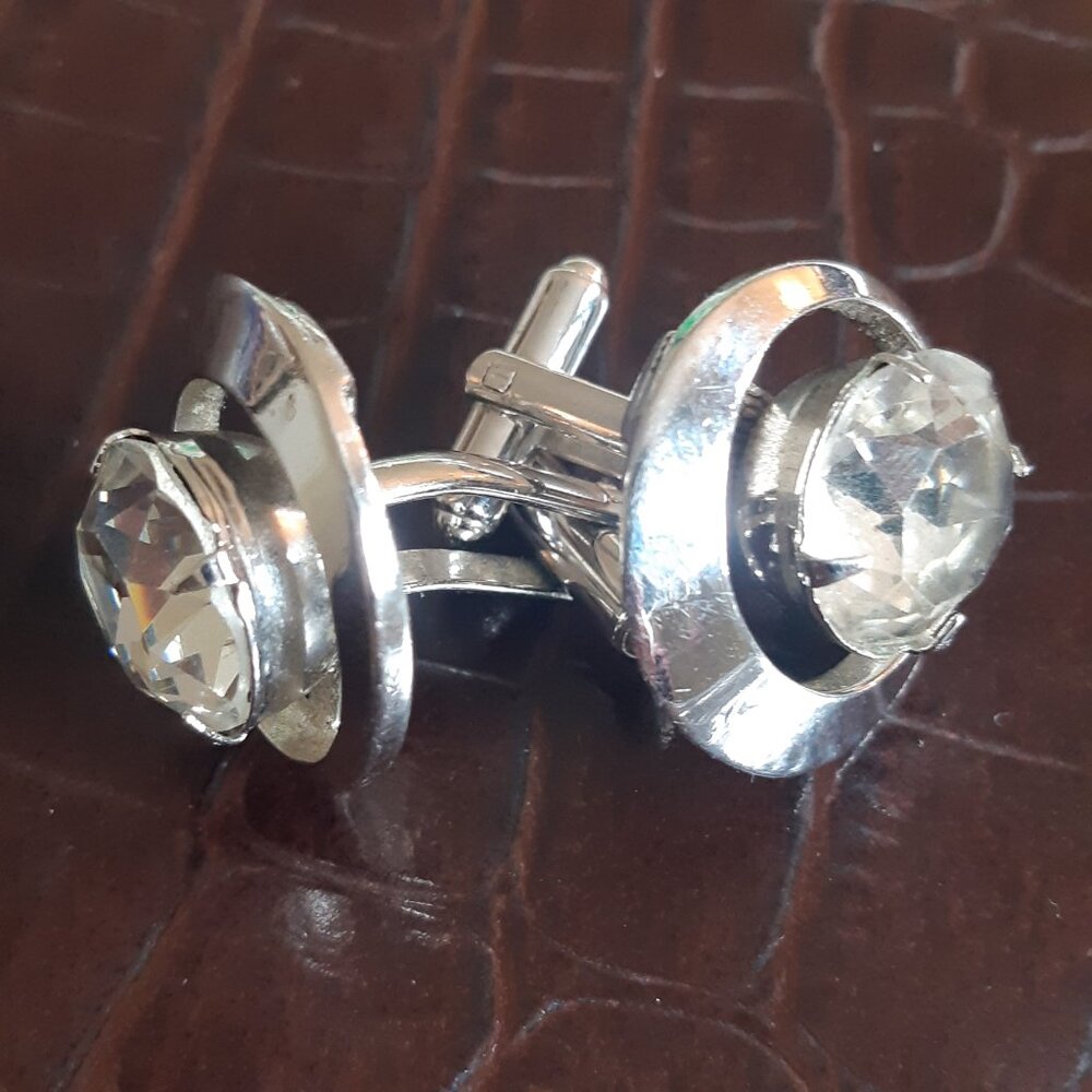 Vintage Large Cuff Links Silver Tone w/ Cut Glass Centre- Unique
